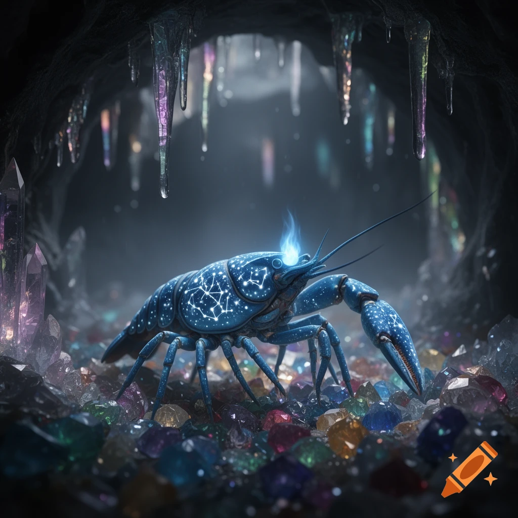 A luminous blue lobster-like creature with constellation patterns stands among colorful crystals in a mystical cave.