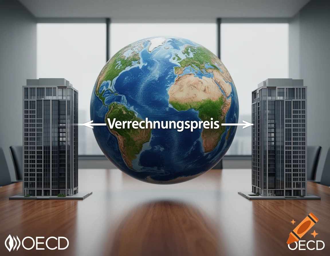 A globe between two office buildings on a conference table, an arrow labeled 'Verrechnungspreis' connects them. OECD logos.