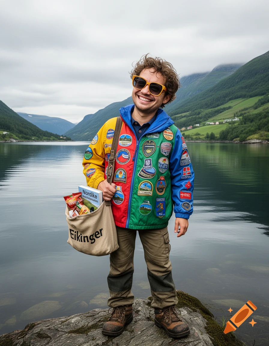 A smiling man with curly hair and yellow sunglasses stands on a rock by a fjord, wearing a colorful, patched jacket and holding a "Eikinger" tote bag filled with snacks and a "Nordike" book. Mountains and a cloudy sky are in the background.