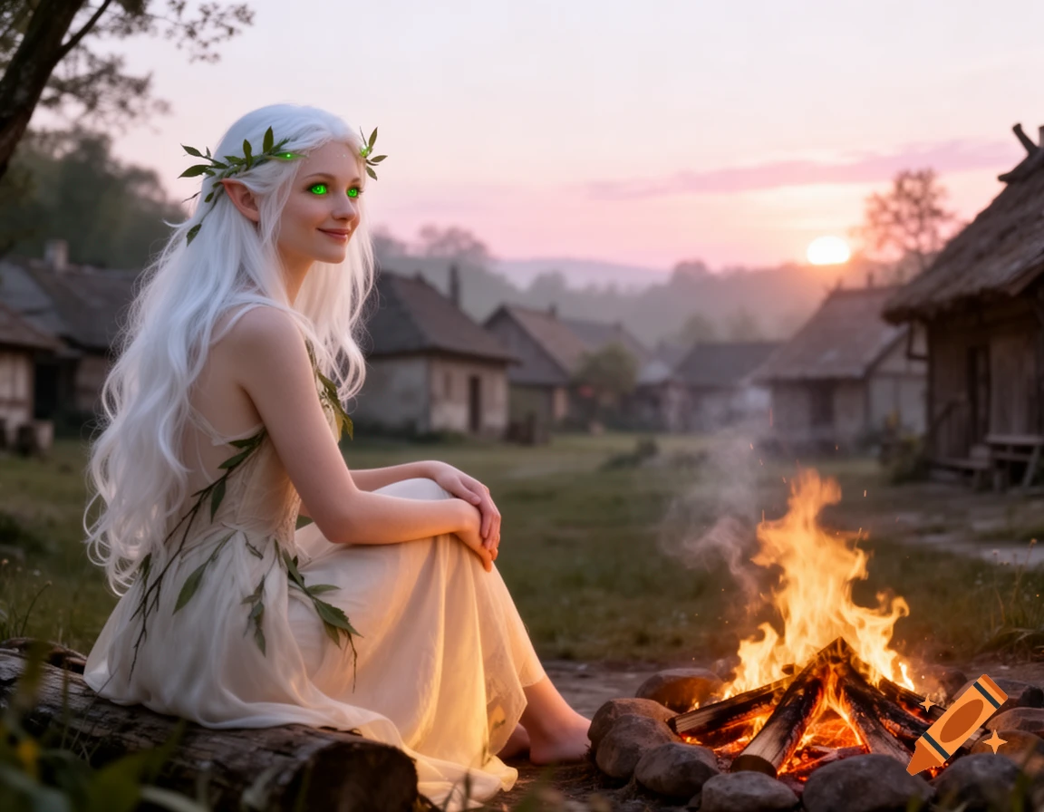 A dryad with long white hair and glowing green eyes sits by a campfire in a village at dawn, smiling and looking into the distance.