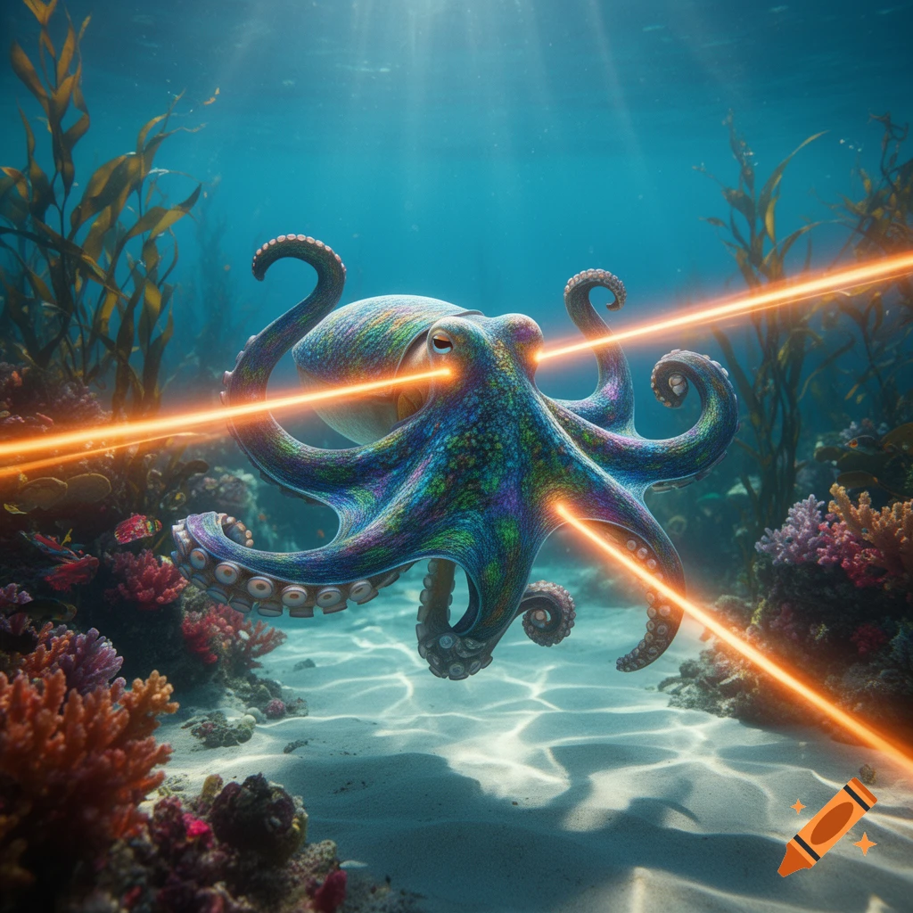 A vibrant, colorful octopus with orange lasers shooting from its eyes swims underwater amidst coral and kelp.