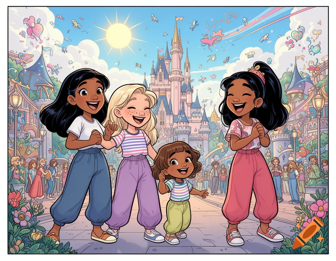 Four diverse cartoon girls, with varied skin and hair colors, smiling in front of a fairytale castle at a colorful theme park.