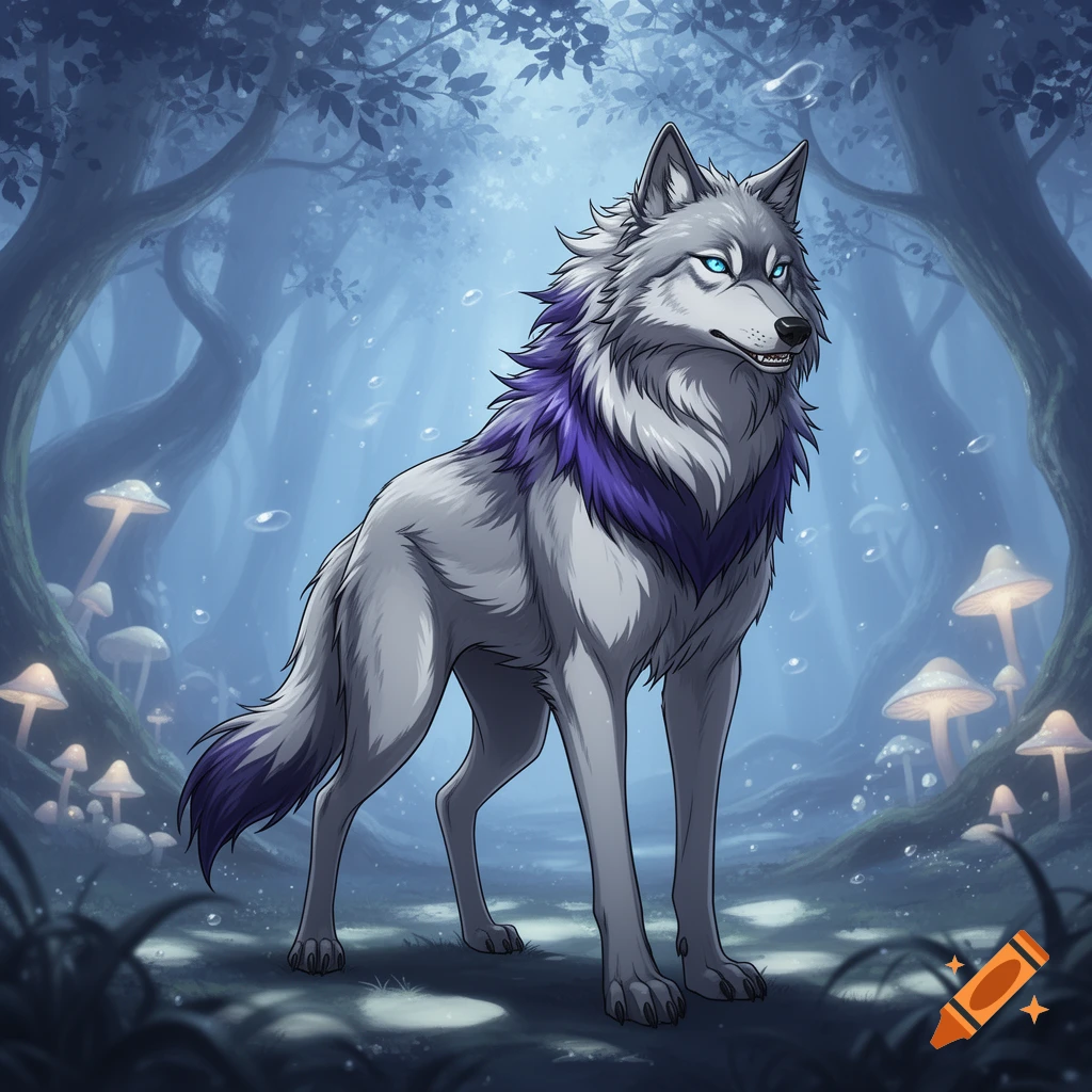 An anime-style wolf with blue eyes and purple fur details stands in a mystical forest with glowing mushrooms.