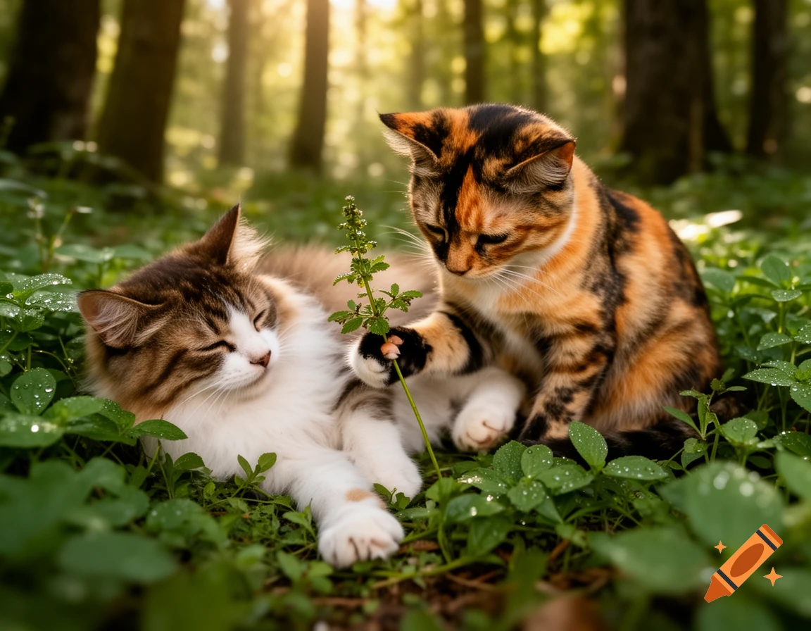 A calico cat plays with a plant stalk while a tabby cat rests on a grassy forest floor with dappled sunlight.