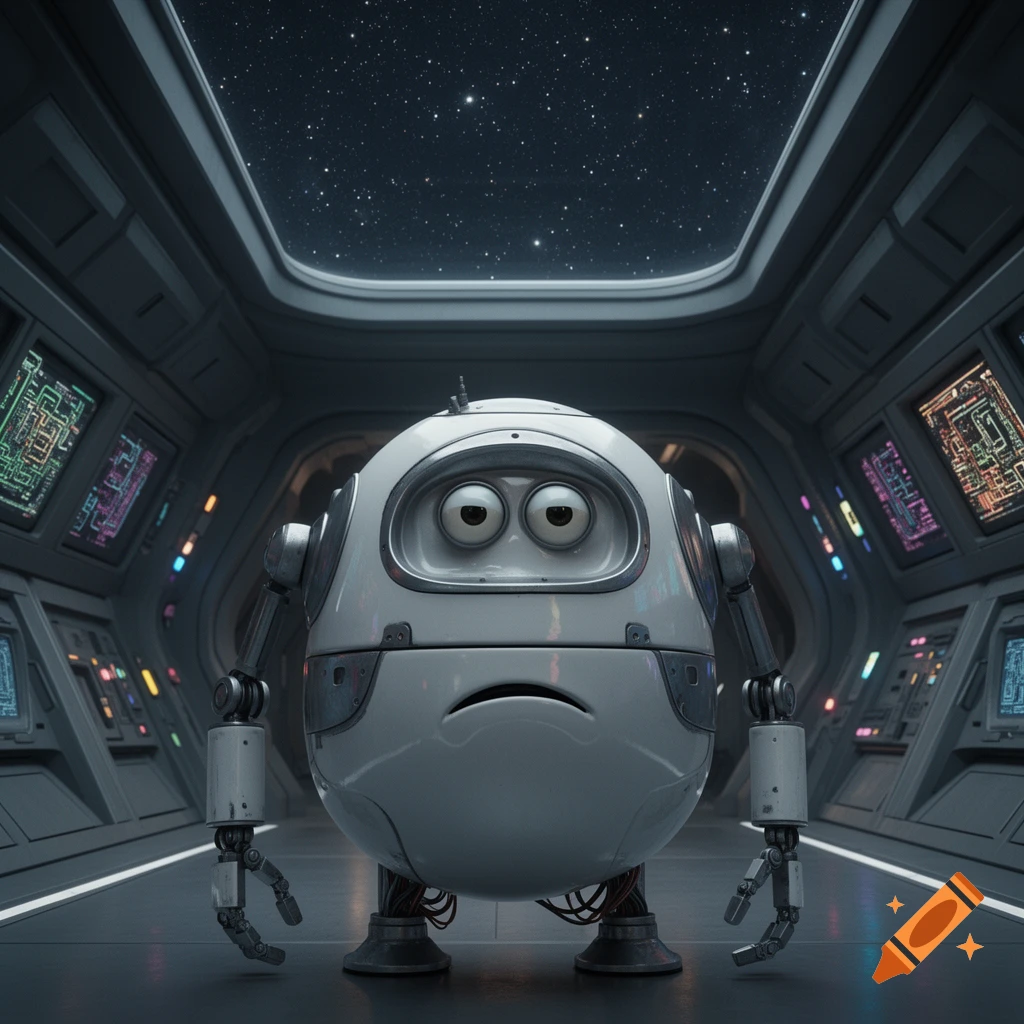 A sad, white, egg-shaped robot with large eyes stands in a futuristic spaceship, looking at a starry sky.