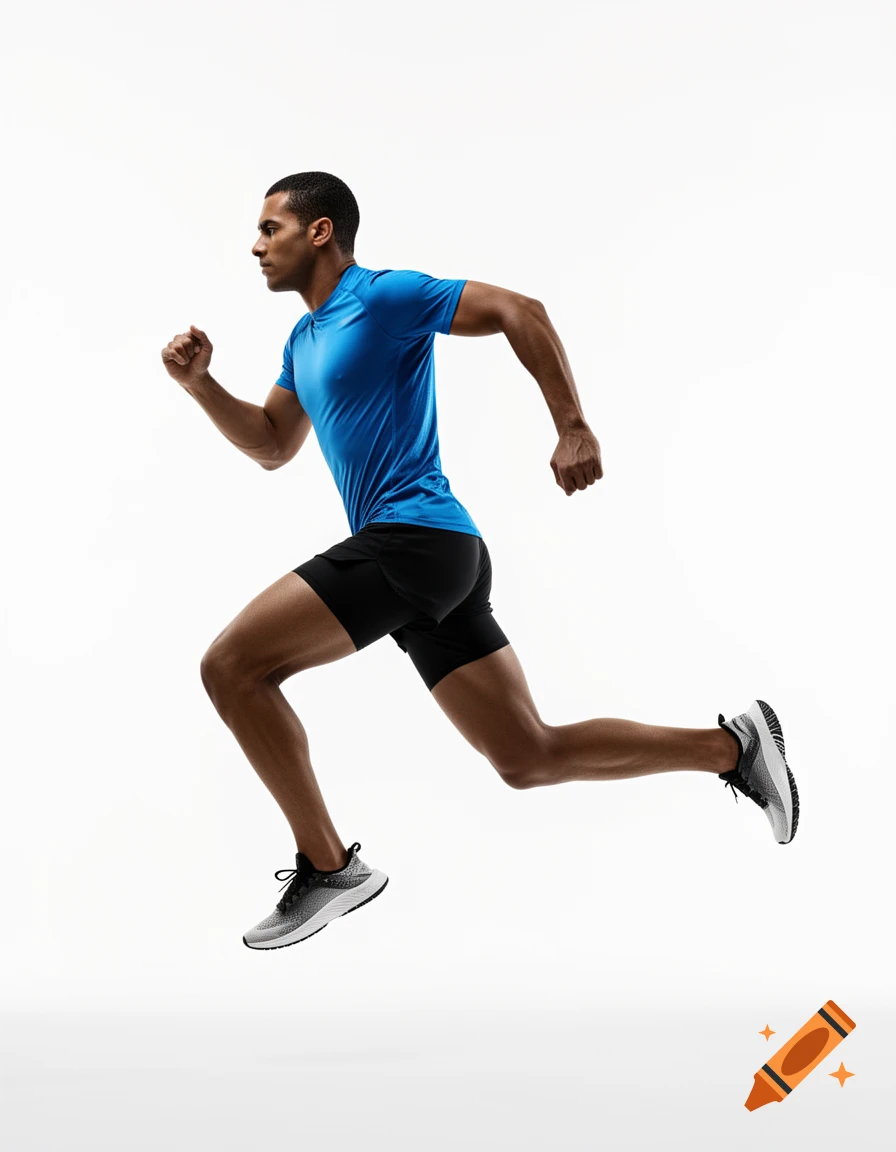 Athletic man in a blue shirt and black shorts running, mid-stride, against a white background.