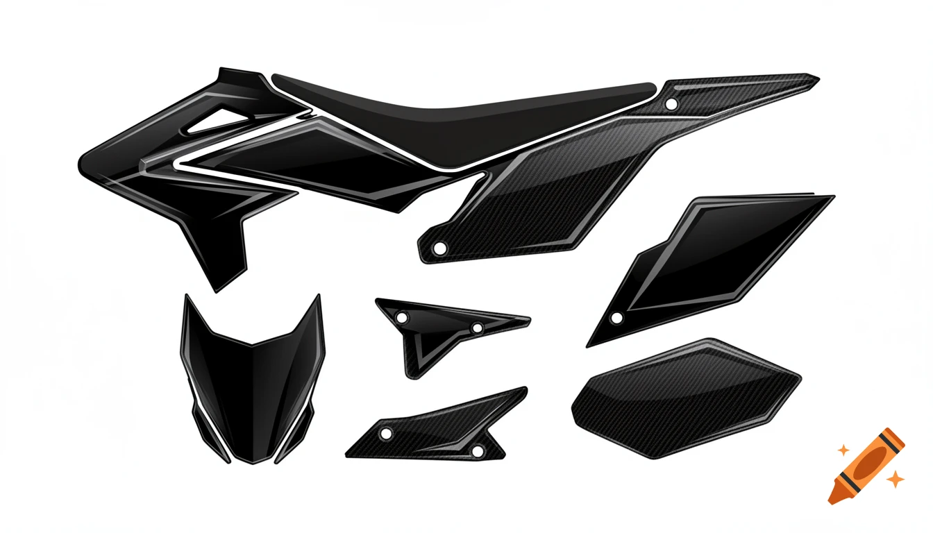 2D graphic of separate black supermoto sticker kit parts with carbon fiber texture and dark grey lines on a white background.