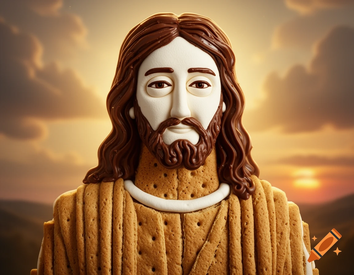 A bust of Jesus made of s'mores, featuring a white marshmallow face, chocolate hair and beard, and a graham cracker body, against a warm sunset sky.