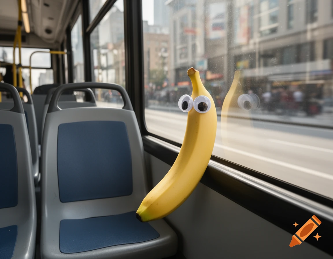 A banana with googly eyes sits on a window ledge inside a bus, looking out at the city street.