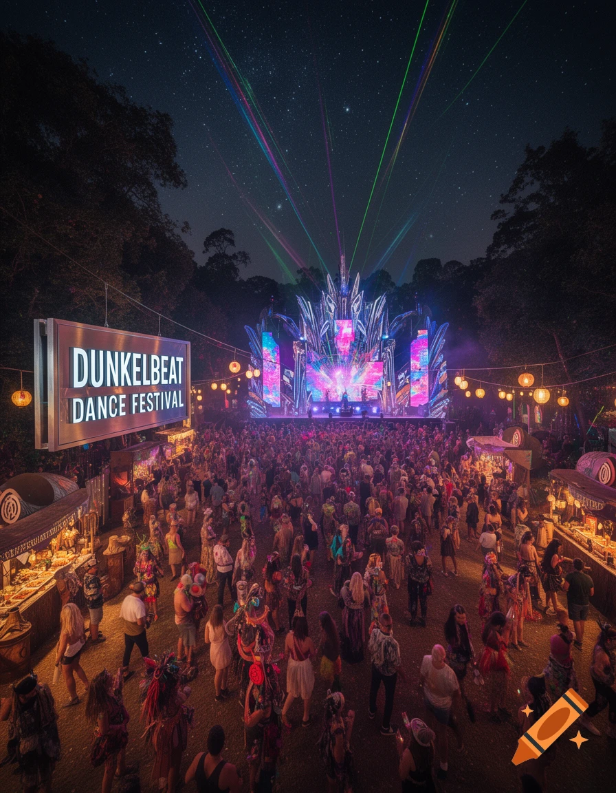 Photorealistic aerial view of a vibrant outdoor dance festival at night, with a large crowd, a glowing stage, and laser lights under a starry sky.