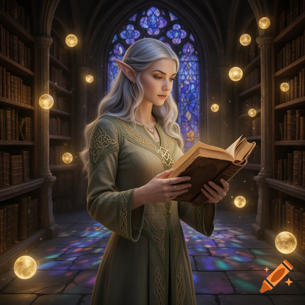A silver-haired high elf in a green gown reads an ancient book in a magical library with glowing orbs and a vibrant stained glass window.