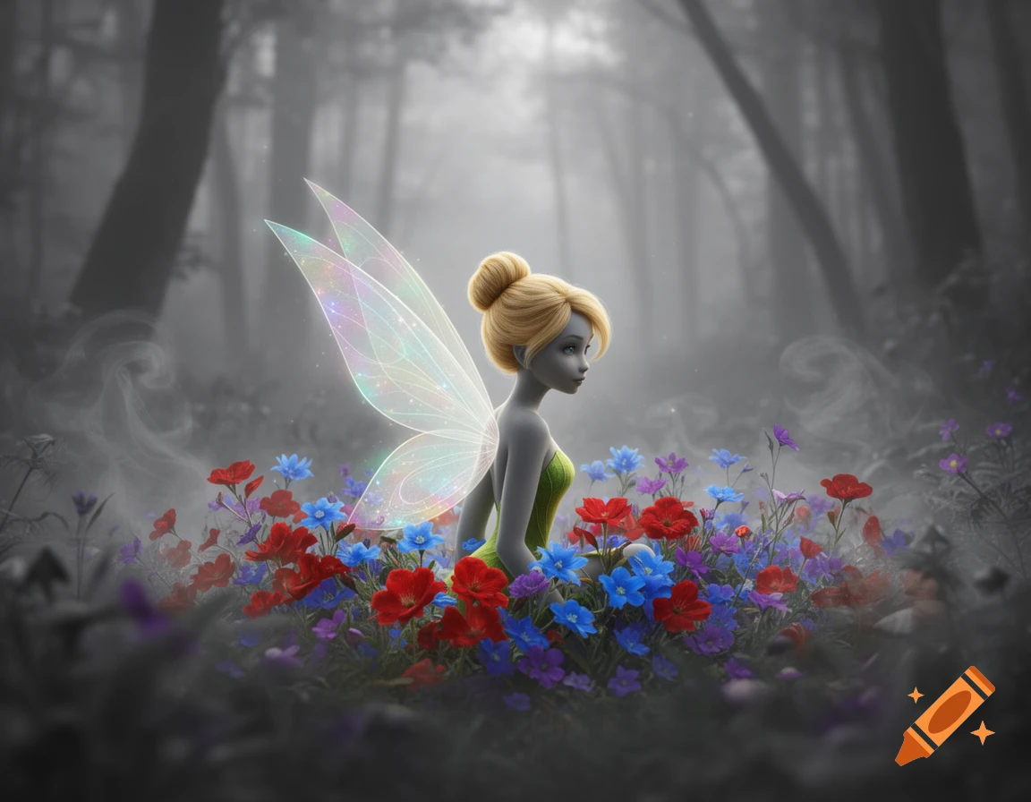 A fairy with blonde hair, grey skin, and iridescent wings sits among vibrant red, blue, and purple flowers in a misty, enchanted forest.
