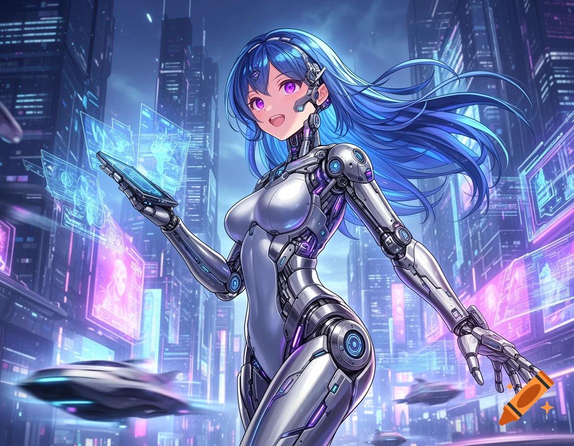 Anime cyborg girl with blue hair and glowing purple eyes, holding a holographic tablet in a futuristic city.