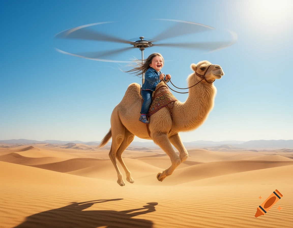 A smiling child rides a flying camel-helicopter over a vast desert under a clear blue sky. Photorealistic.