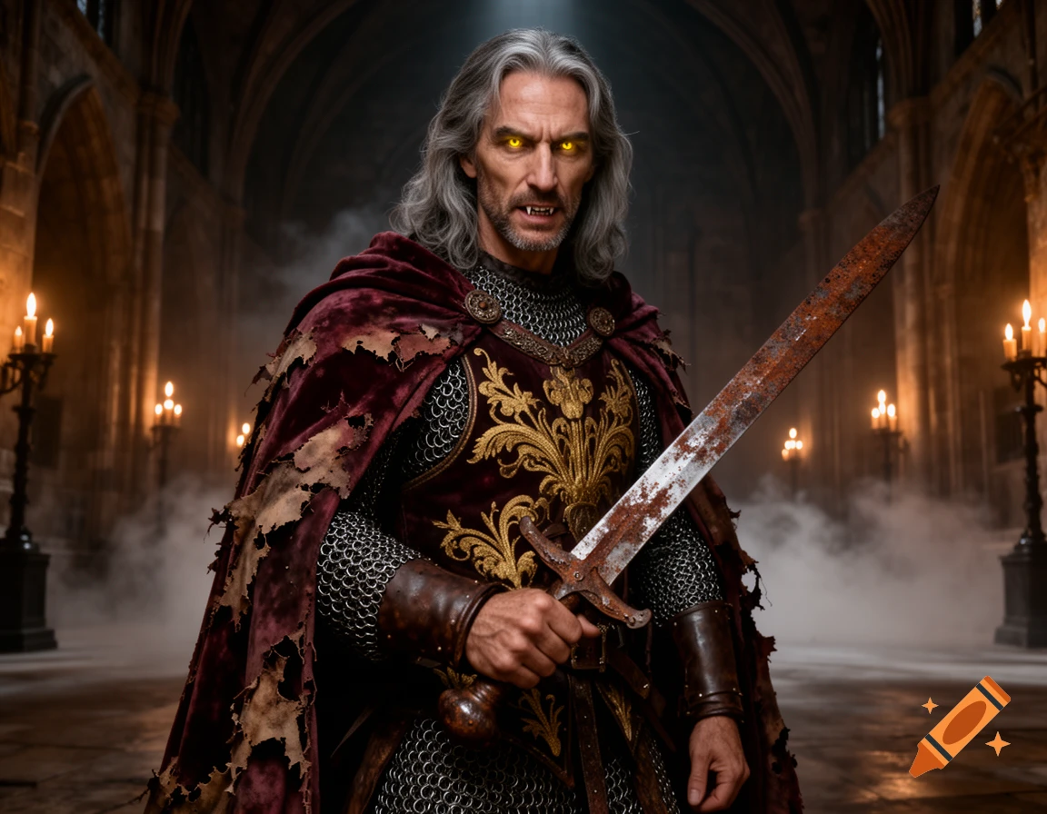 A menacing nobleman with glowing yellow eyes and fangs, wearing ornate tattered velvet robes and chainmail, holds a rusted sword in a gloomy gothic castle hall.