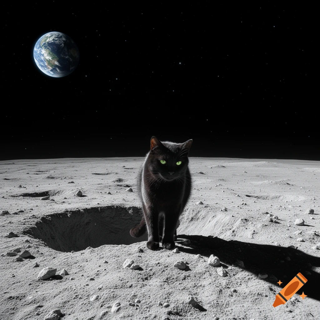 A black cat with green eyes stands on the moon's surface, with Earth visible in the starry sky.
