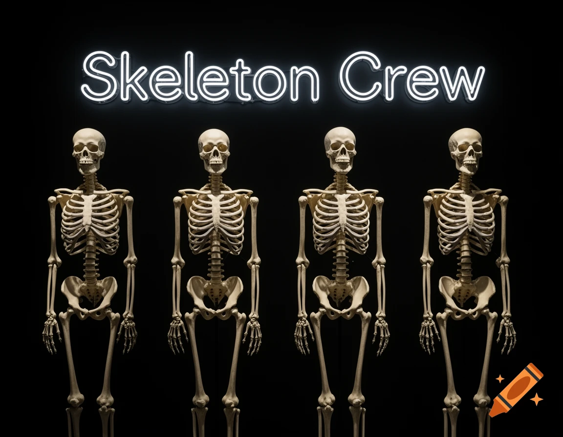 Four realistic human skeletons standing upright against a dark black background, beneath a bright white neon sign that reads "Skeleton Crew".