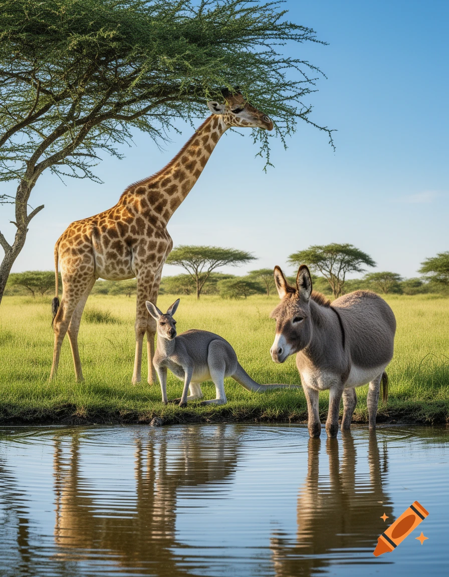 A giraffe eats from a tree while a kangaroo and a donkey stand by a watering hole in a sunny savanna.