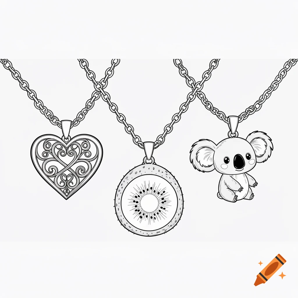 Line art of three necklaces: one with a heart pendant, one with a kiwi slice, and one with a cute koala, suitable for coloring.