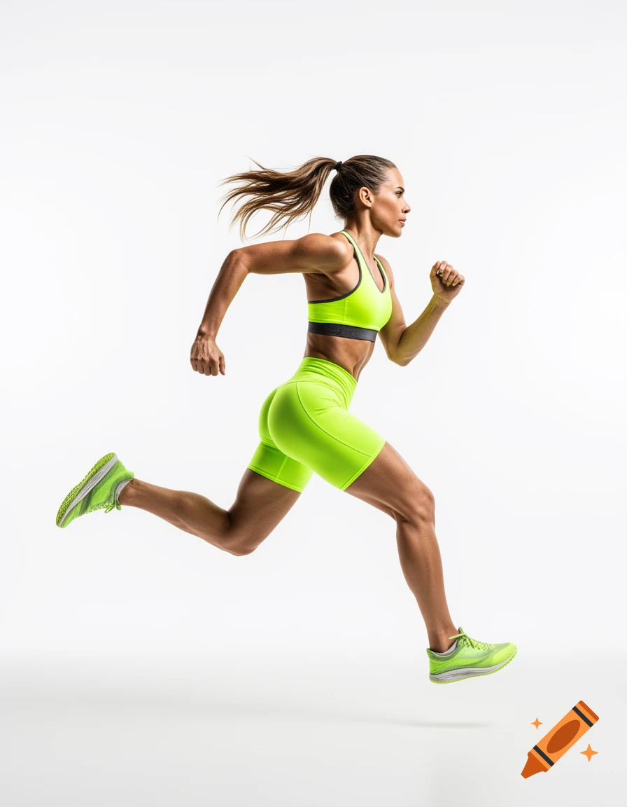 A female athlete runs to the left in a photorealistic style on a white background, wearing neon green athletic wear.