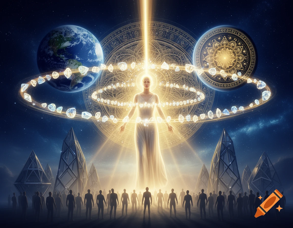 Luminous female figure in a cosmic landscape with orbiting gems, Earth, mandalas, futuristic structures, and silhouetted figures.