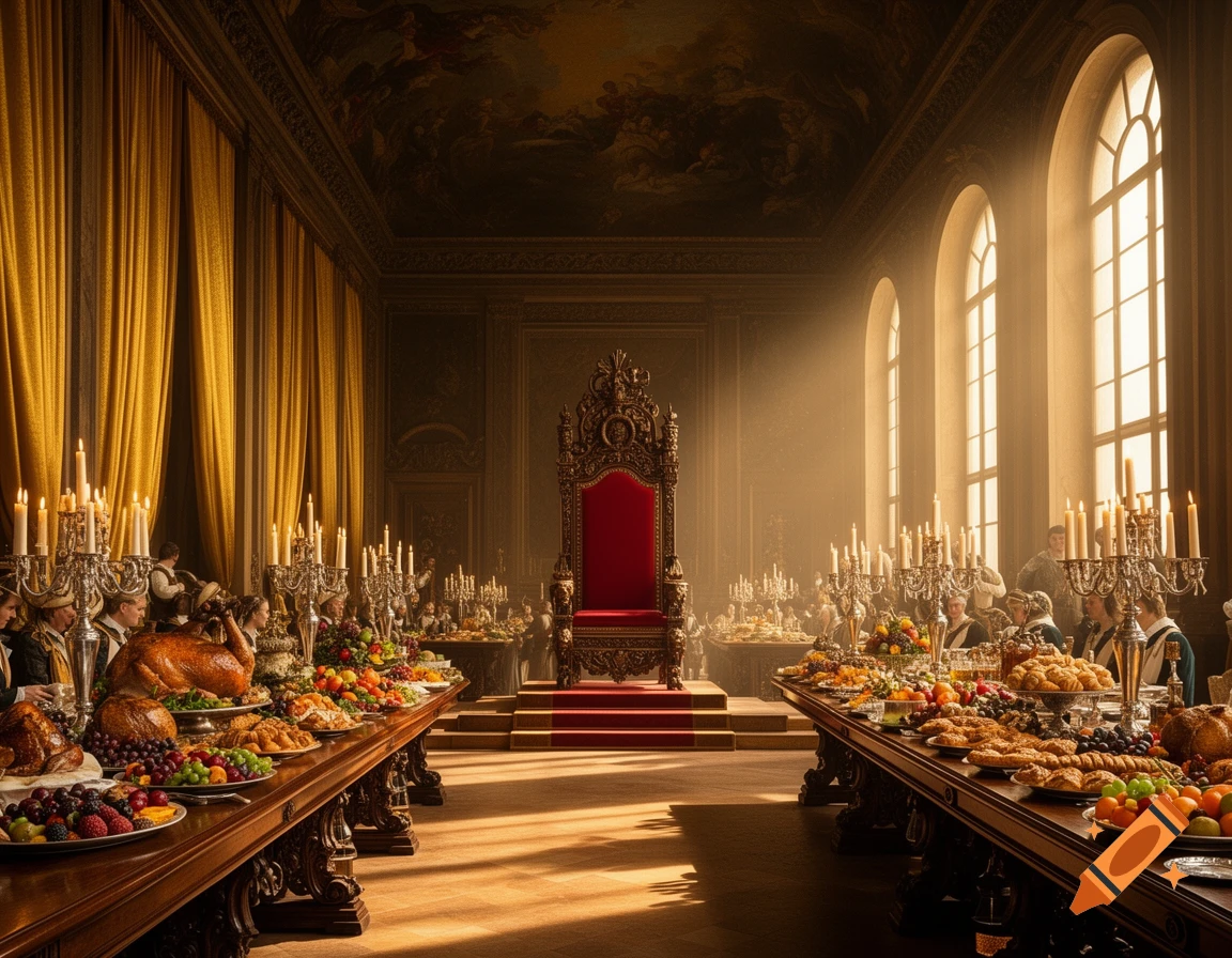 A lavish banquet in a grand, photorealistic throne room with long tables full of food, an ornate throne, and sunlight through tall windows.