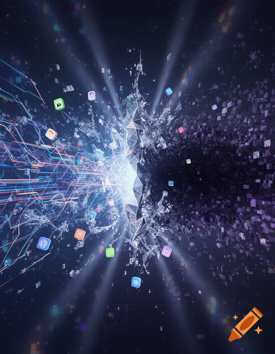 An abstract digital fracture explodes outwards with light, sending data streams and various social media icons scattering against a dark background.