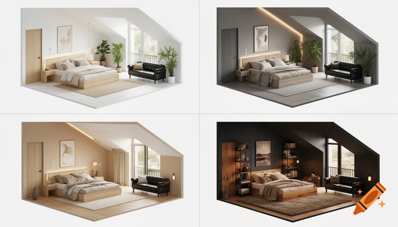 Collage of four isometric bedroom designs, each with a wooden bed, black couch, and different decor styles: light, modern, vintage, industrial.