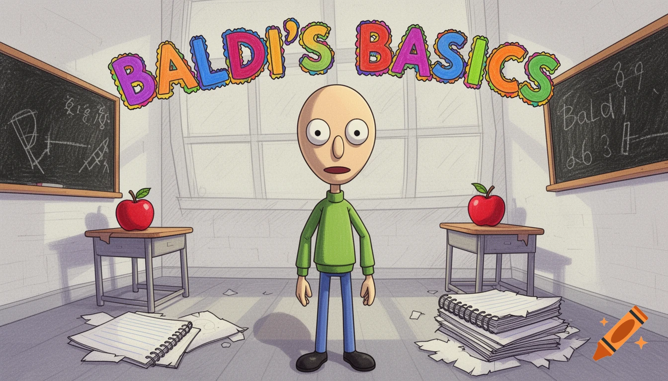 Cartoon illustration of Baldi, a bald, pale character, standing in a classroom with 'BALDI'S BASICS' title, blackboards, apples, and scattered papers.