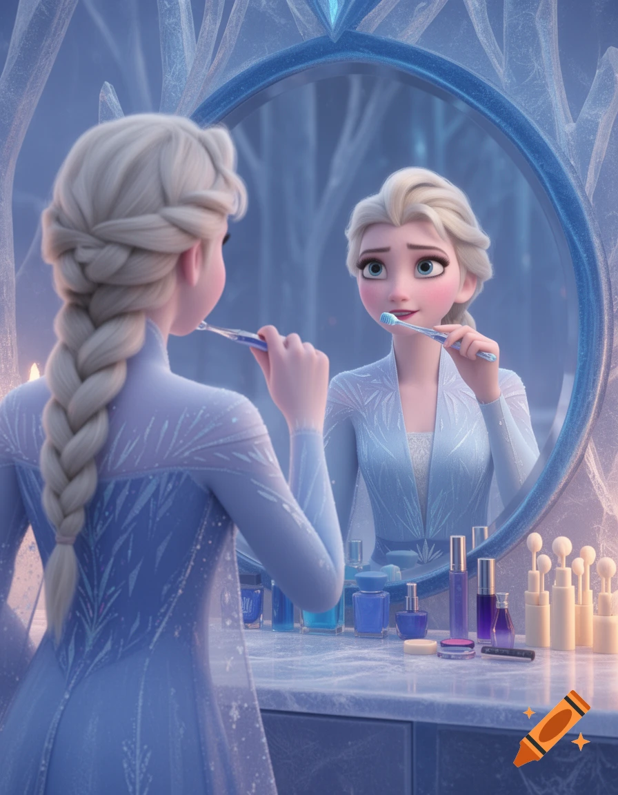 Elsa from Frozen 2 brushes her teeth in front of a mirror, with blue and purple makeup products on a vanity.