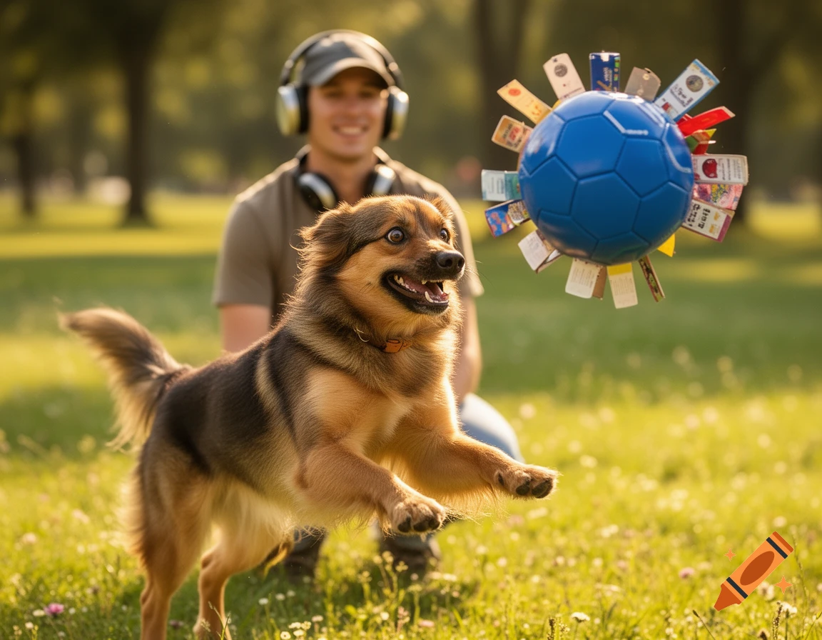 A photorealistic image of a happy dog jumping to catch a blue soccer ball covered in small tags, with its smiling owner in the blurred background wearing headphones and a baseball hat.