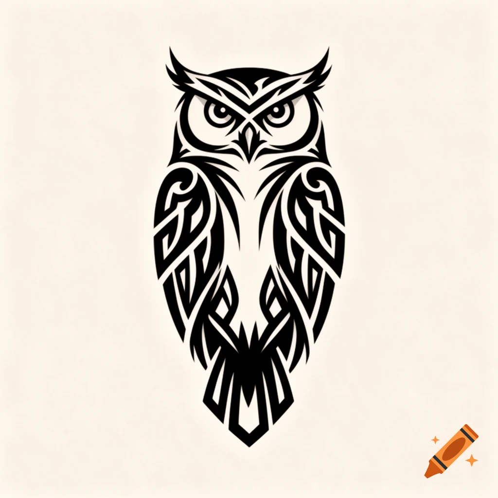 A symmetrical, black and white tribal style owl tattoo design with folded wings, viewed frontally.
