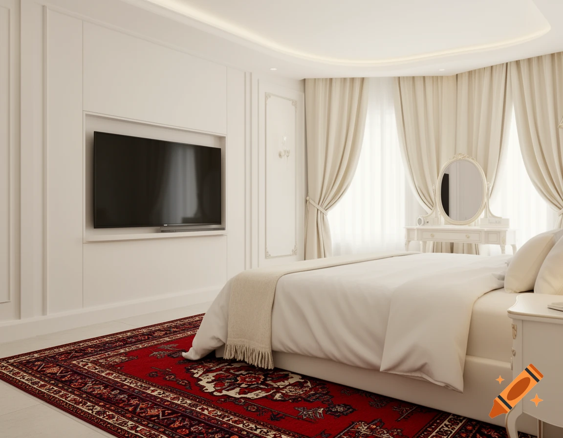 A luxurious bedroom featuring a white double bed, a red patterned rug, a wall-mounted TV, and an elegant white vanity table.