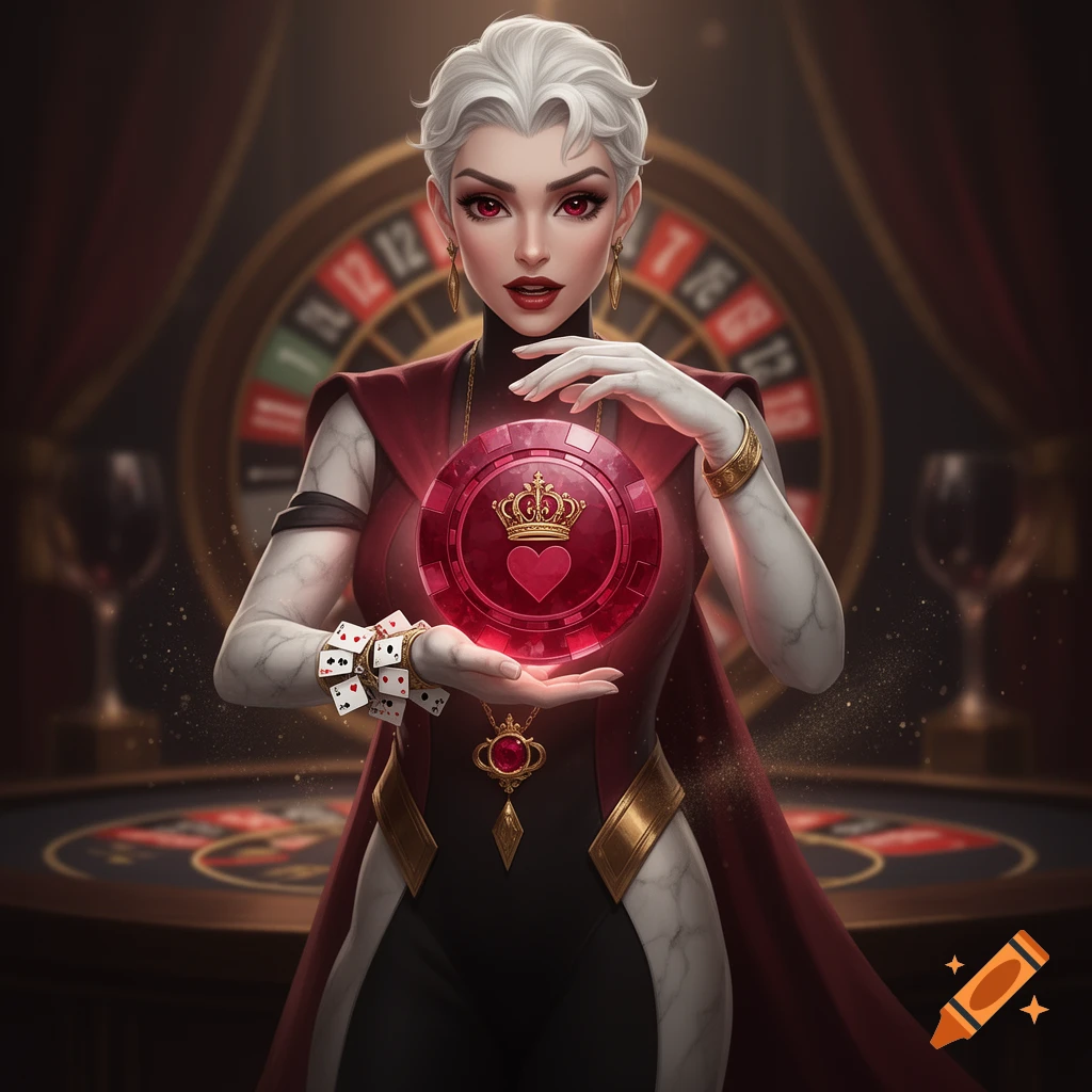 A stylized woman with white hair and red eyes holds a glowing red poker chip with a crown and heart in a dimly lit casino.