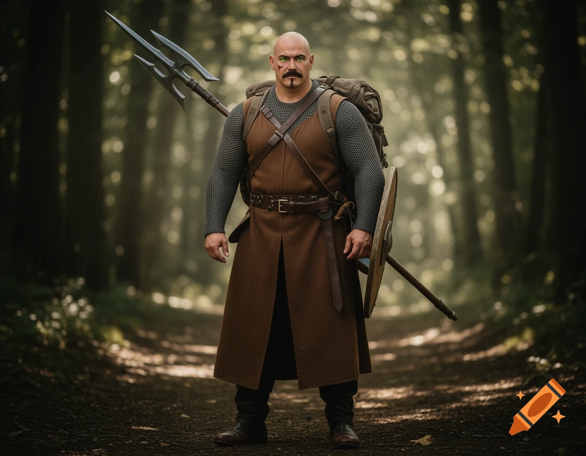 A muscular bald man with a mustache and green eyes, dressed as a warrior with a halberd, backpack, and shield, stands on a forest path.