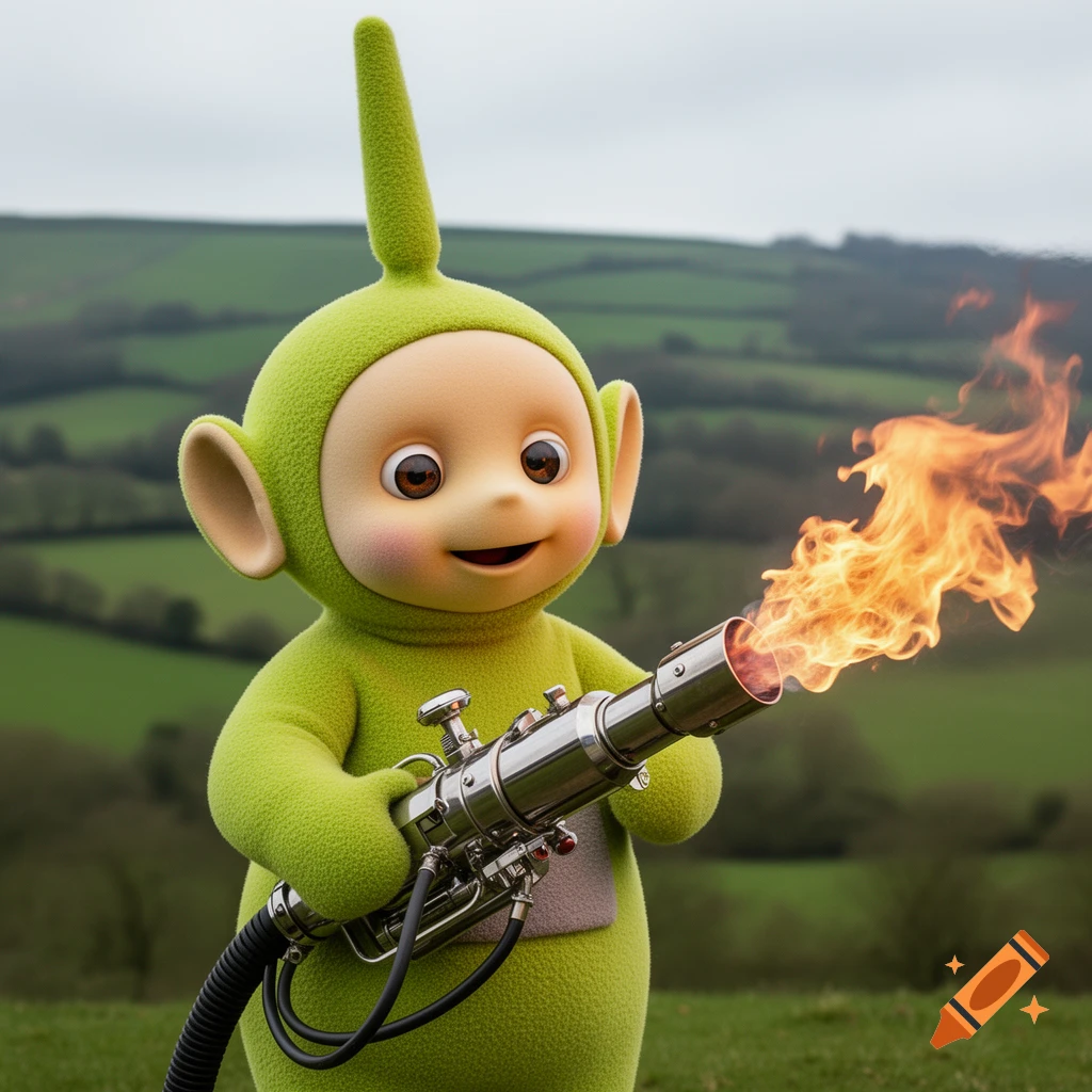 A green Teletubby holds a silver flamethrower, emitting a stream of fire, in a grassy field under a cloudy sky.