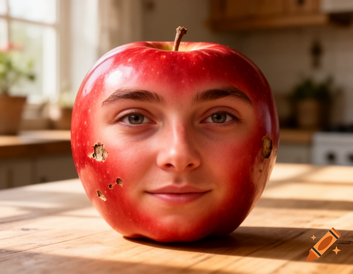 A red apple with a human face and small imperfections on its skin sits on a wooden table in a sunlit kitchen.