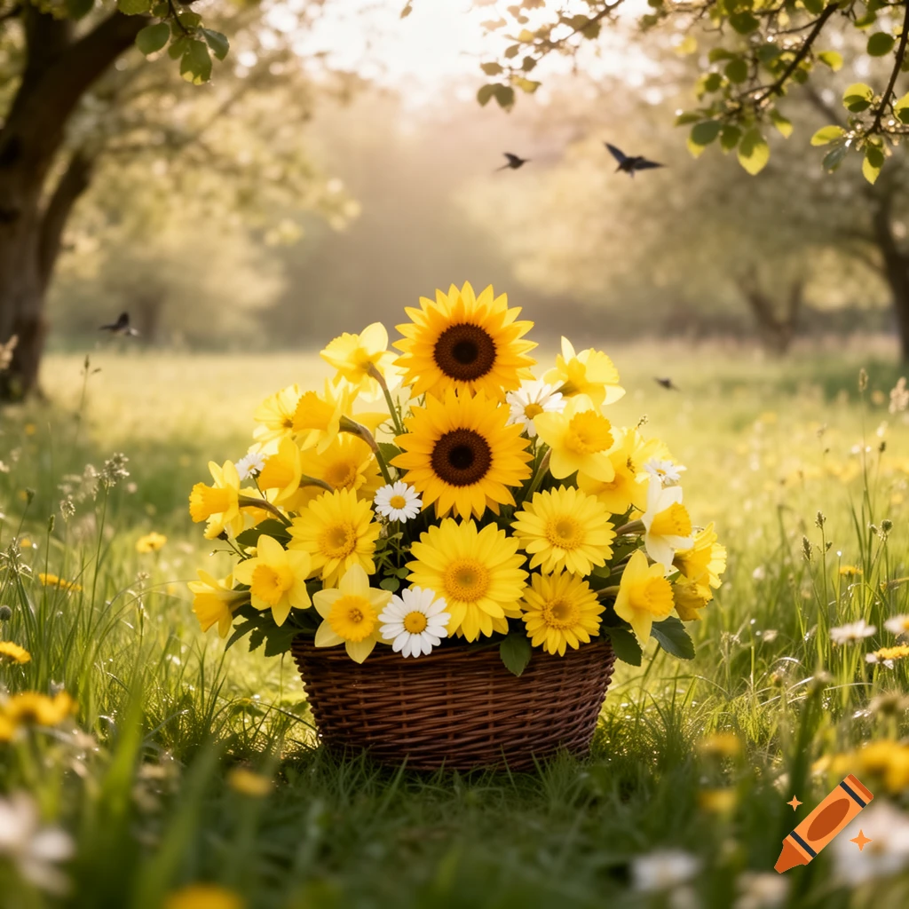 A wicker basket filled with vibrant yellow sunflowers, daffodils, and white daisies sits in a sunlit grassy field with trees in the background.