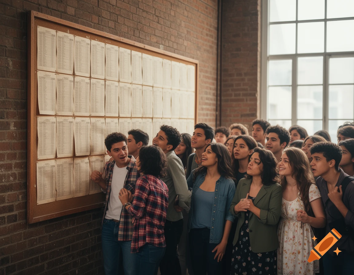 A group of diverse young adults eagerly crowds around a bulletin board displaying exam results in a school hallway.