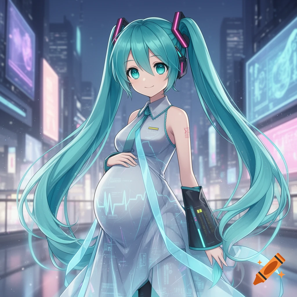 An anime-style Hatsune Miku with long teal pigtails and a glowing pregnant belly, wearing a white futuristic dress and headphones, stands in a neon-lit cityscape.