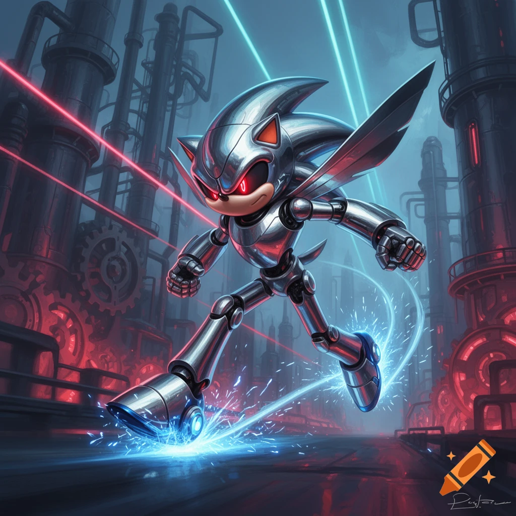 Metal Sonic, a chrome robotic hedgehog with red eyes, runs through a dark industrial factory, emitting blue sparks and surrounded by red and blue lasers.