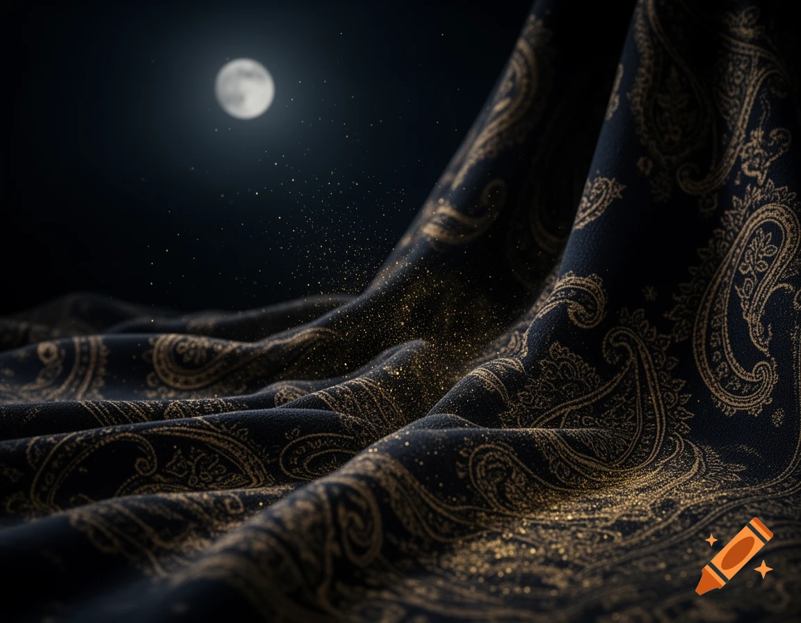 Close-up of dark navy fabric with glowing gold paisley pattern, illuminated by a full moon and floating gold dust in a mysterious night.