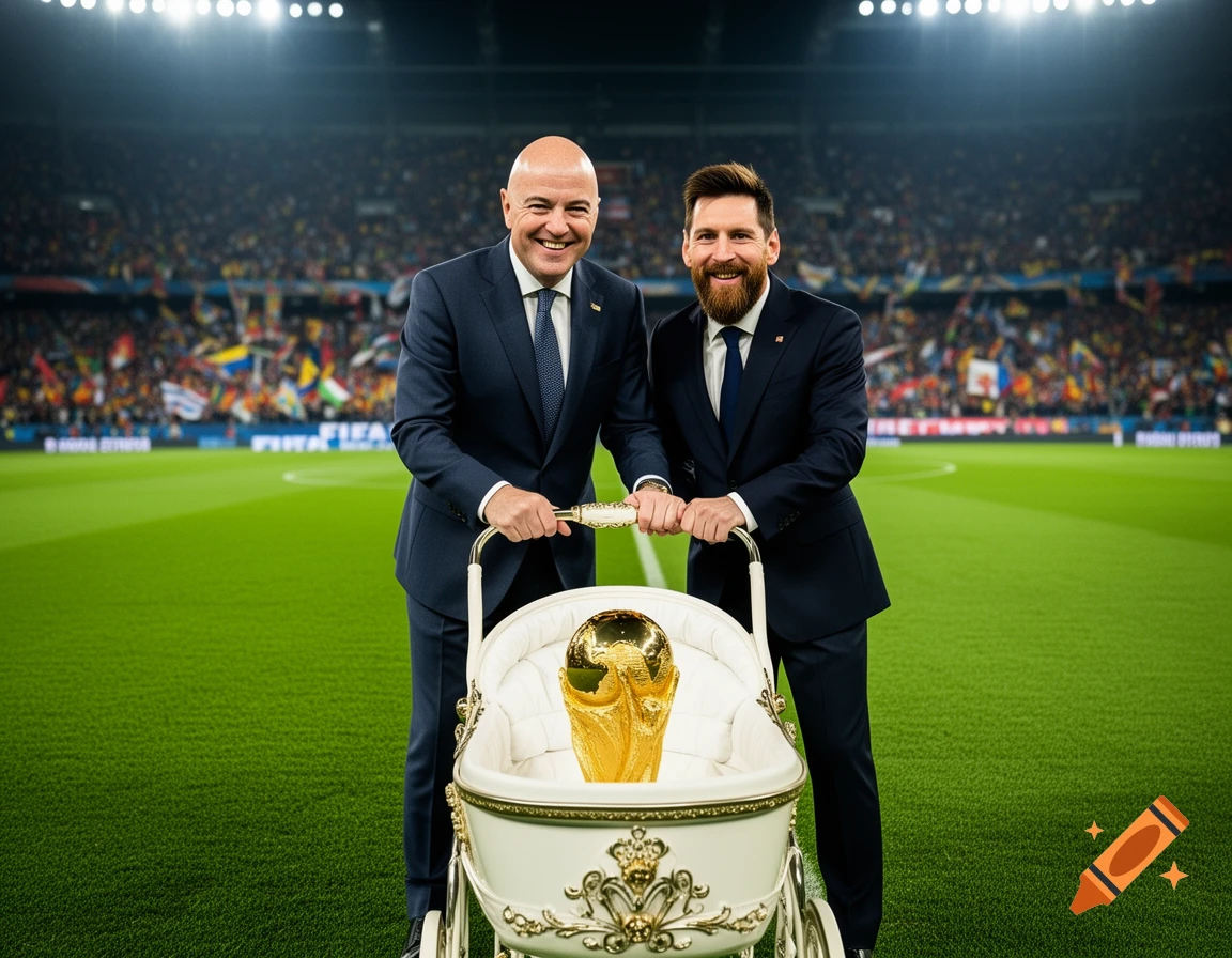 Gianni Infantino and Lionel Messi smile, pushing a white baby carriage containing the golden World Cup trophy on a football field.