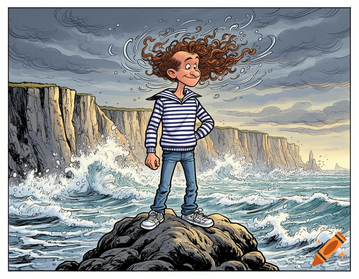 Comic illustration of a young man with wind-blown curly hair in a sailor shirt, standing on a rock by a stormy ocean with cliffs.