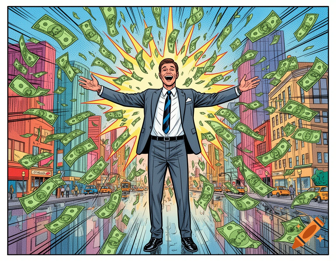 Comic art illustration of a happy man in a suit with arms outstretched, standing in a city street with money raining down around him.