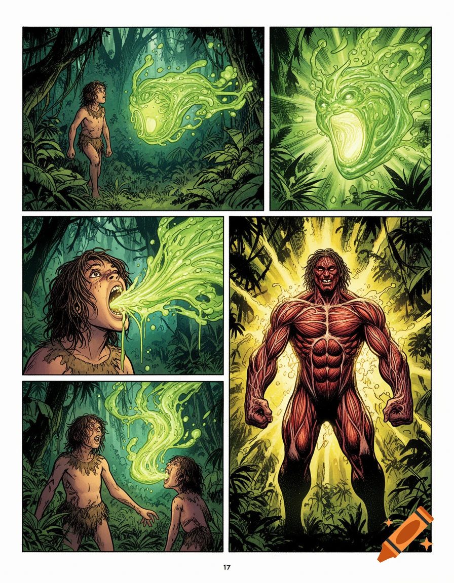 Multi-panel comic: a jungle boy encounters a green spirit, swallows it, and transforms into a muscular giant, graphic novel style.