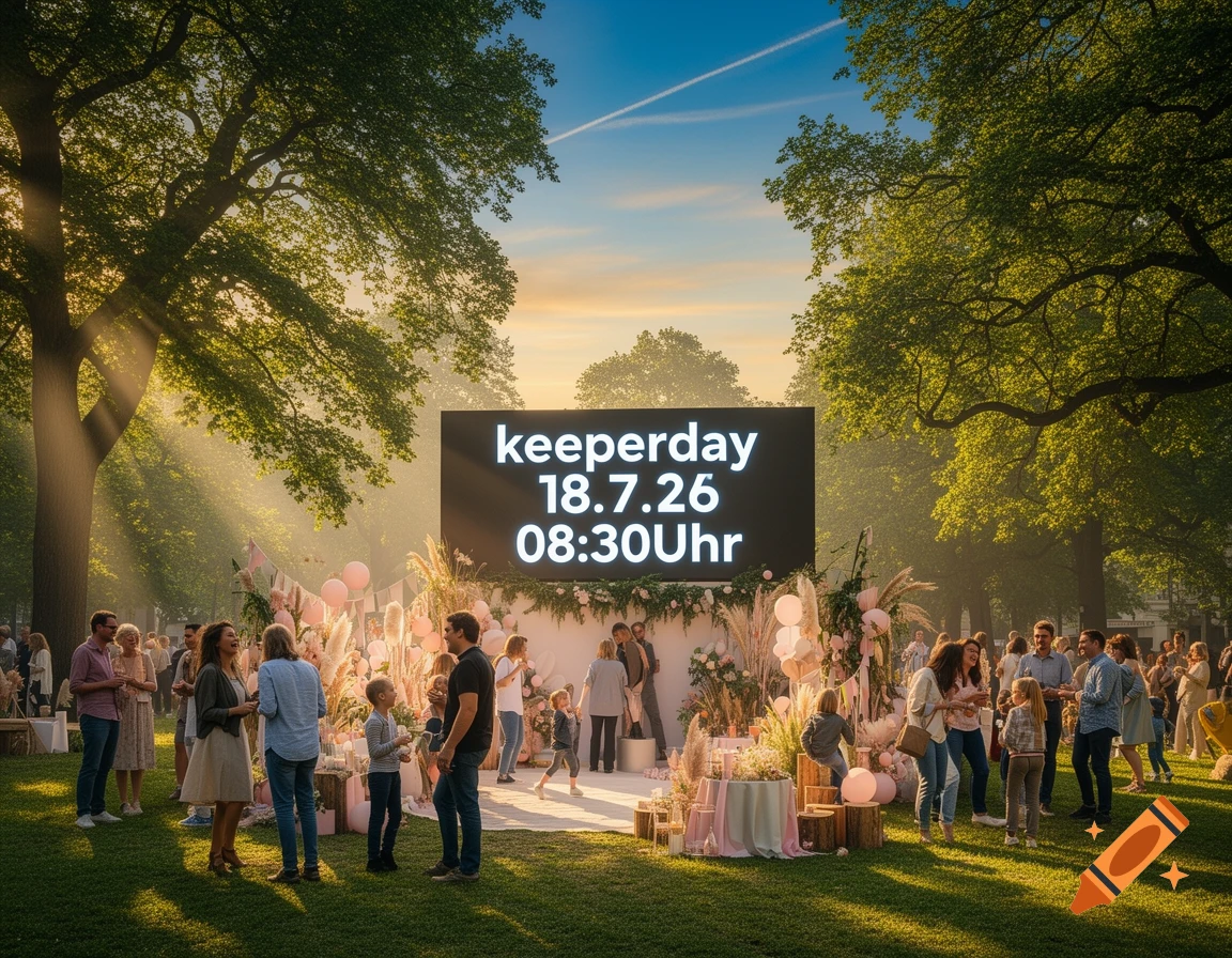 A large gathering of people in a sunny park, with a screen displaying 'keeperday 18.7.26 08:30Uhr' in the background.
