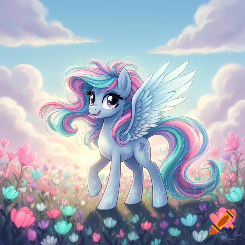 A cute light blue cartoon pony with colorful rainbow-streaked mane, tail, and white wings stands in a field of pastel flowers under a cloudy sky.