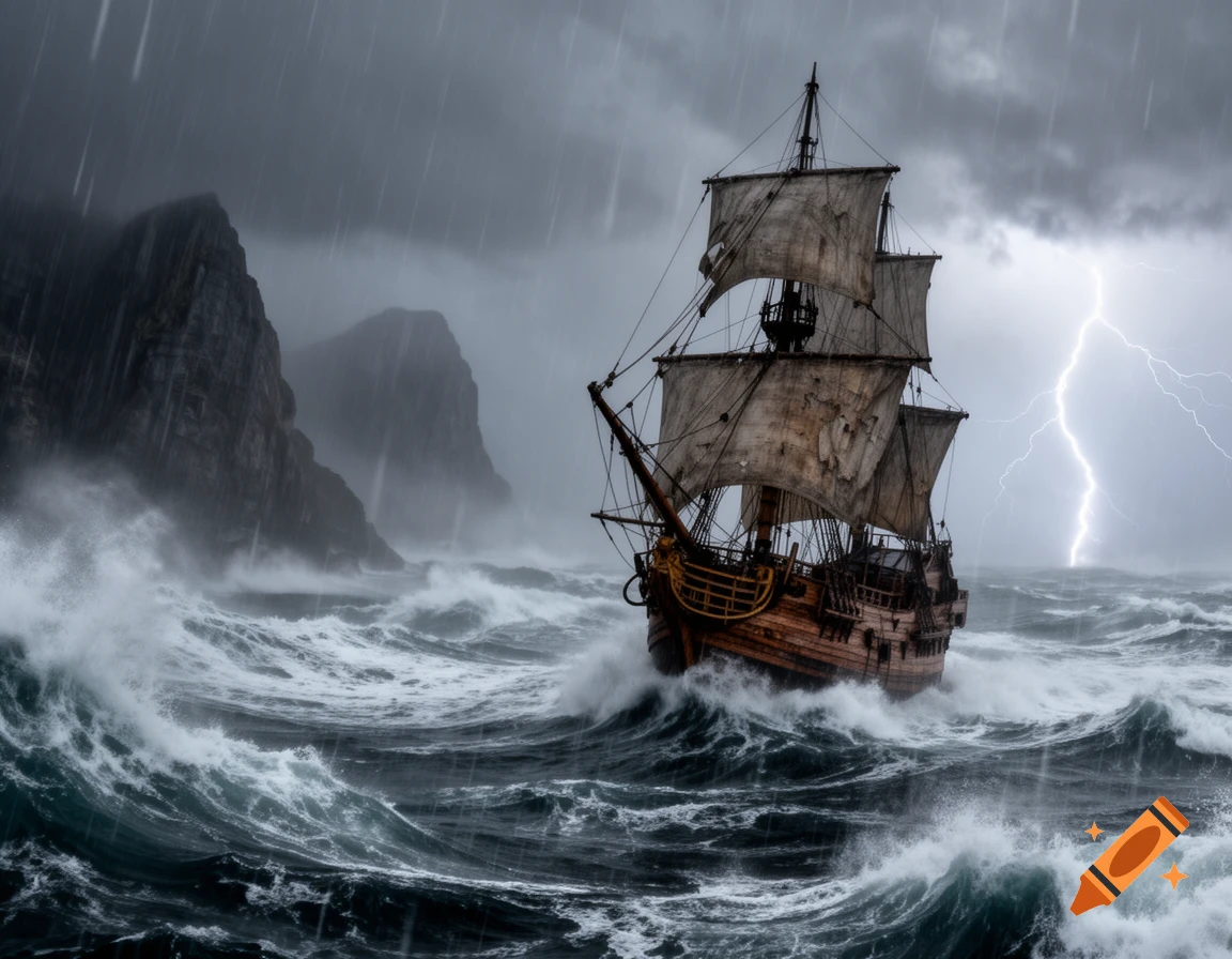 An old sailing ship battles massive waves during a severe lightning storm with rocky cliffs in the background.