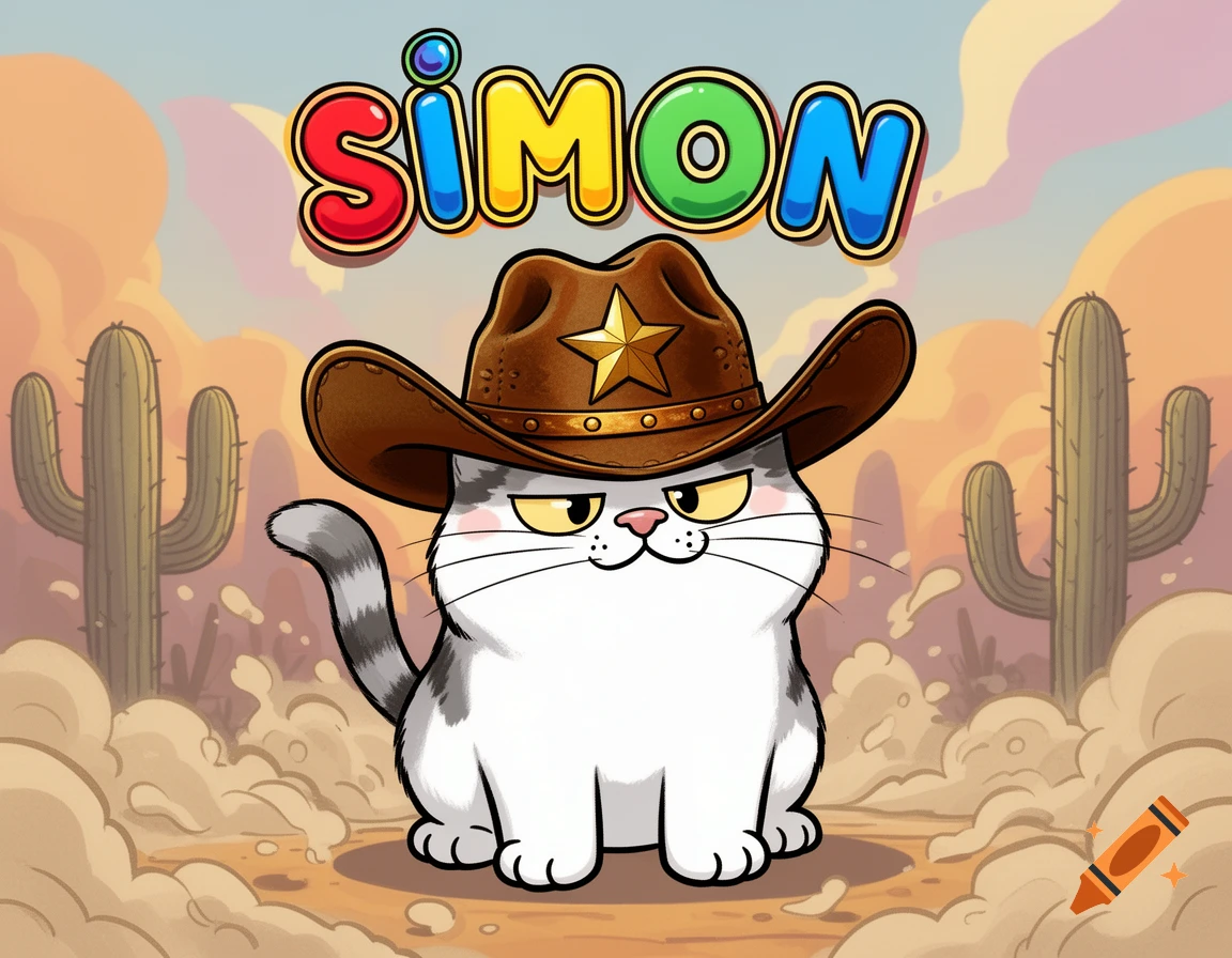 Cartoon cat with a cowboy hat in a desert, with "SIMON" text above.